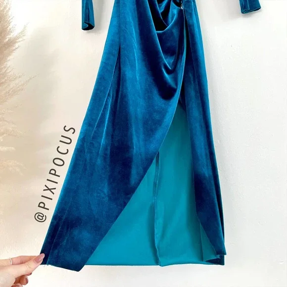 ZARA VELVET JEWEL BUTTON RUCHED MIDI DRESS BLUE - Picture 10 of 12